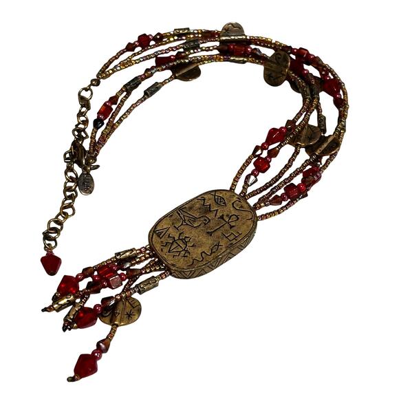 Chico’s unique beaded multistrand pendant necklace tassels red & goldtone - Picture 7 of 7